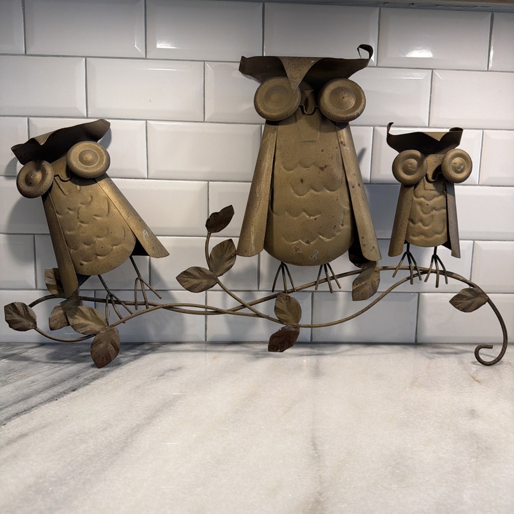 Vintage Three Owls On A Branch Brutalist Copper Metal Wall Art 25.5" x 15"